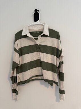 AEO Green Cream Striped Rugby Crop Pullover XS
